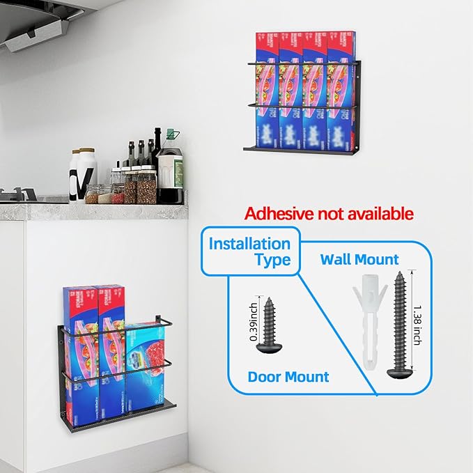 Kitchen Wrap Organizer Door Mount, Aluminum Foil Holder Cabinet Door Organizer Cabinet Storage Basket for Kitchen Wrap/Food Bag Storage, Black