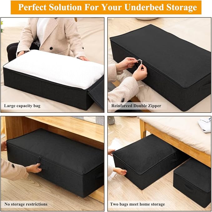 Under Bed Storage Container, 3 Pack Underbed Storage Bags With Lid, Foldable Sturdy Clothes Storage Organizer W/ 3 Handles, Ultra Thick Fabric Blanket Shoe Storage Box, 30x15x6.7inch, Black, 50L