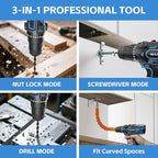 Cordless Drill Set, 12V Power Drill with 2.0Ah Battery and 2-Speed, 30Nm Torque, 25+1 Clutch Settings, 3/8" Keyless Chuck, Blue Electric Drills for Home DIY, Wood, Metal, Plastic Drilling