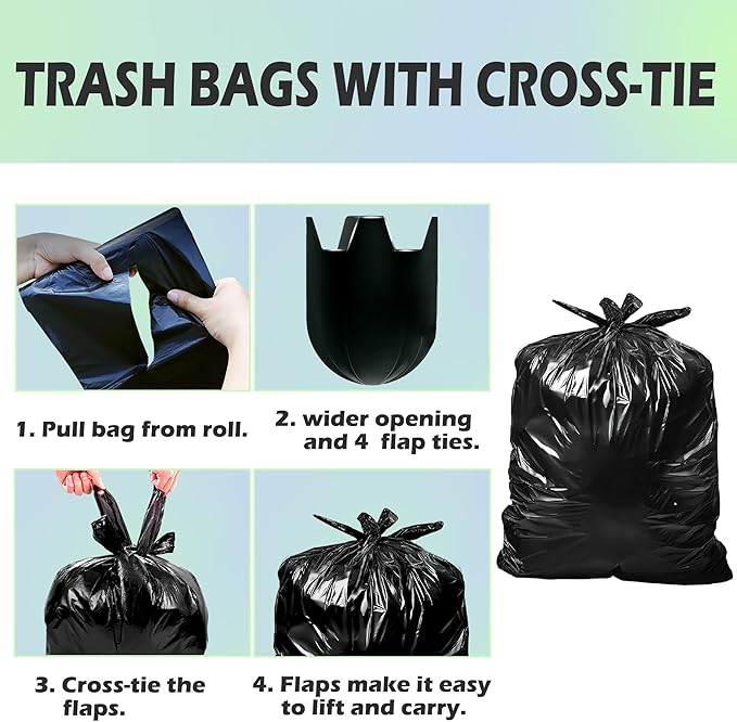 55-60 Gallon Trash Bags Heavy Duty 150 Count Bulk with 4 Innovative Flap Ties | Compatible with Rubbermaid Brute & Winco & Behrens 50-60 Gallon Round Trash Can | Tear & Leak Resistant Black