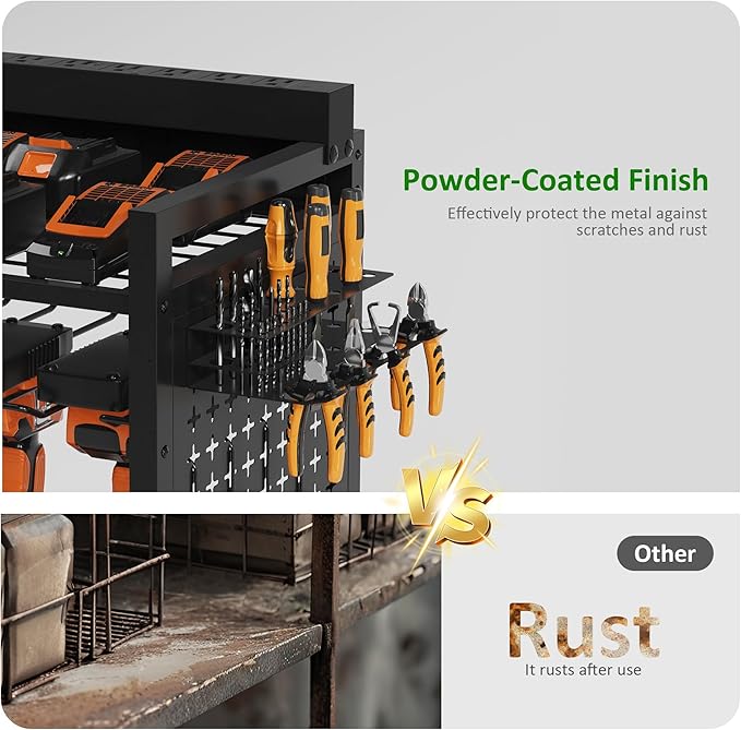 Power Tool Organizer Rolling Tool Cart with Charging Station & Power Tool Organizer - 3-Tier Rolling Utility Cart for Garage Workshop Storage