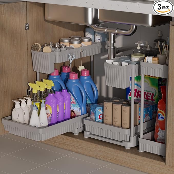 3 Pack Multi-Purpose Under Sink Organizers and Storage, 2027 L-Shaped Pull Out Cabinet Organizer for Bathroom & Kitchen, Under Cabinet Organizer with Hooks Hanging Cup, Grey