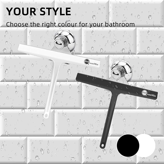 9 Inch Shower Squeegee with Hook - Heavy Duty Glass Door Scraper for Streak-Free Cleaning, Tile Walls, Shower Glass & Car Windows - Rustproof Rubber Blade & Secure Storage (Black)