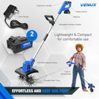 VENUX 20V Cordless Tiller Cultivator Electric Garden Tiller- 2 Batteries 4.0AH Included, 48 Steel Anti-Rust Tines 360RMP Tilling 9-in Width & 6.6-in Depth, Safety Gloves & Glasses Included