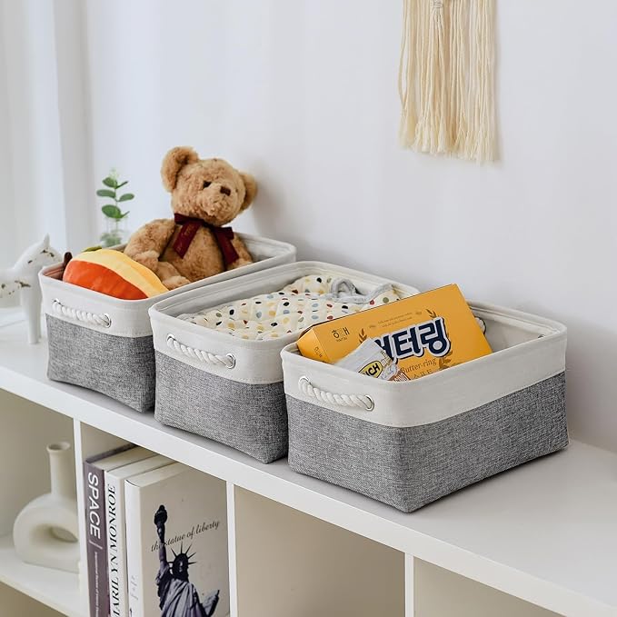 TheWarmHome Storage Bins for Shelves - 13.8L×9.8W×6.7H inch 3 Pack Medium Collapsible Storage Baskets for Organizing | Fabric Storage Cubes for Linen Closet Toy Home (White&Grey)