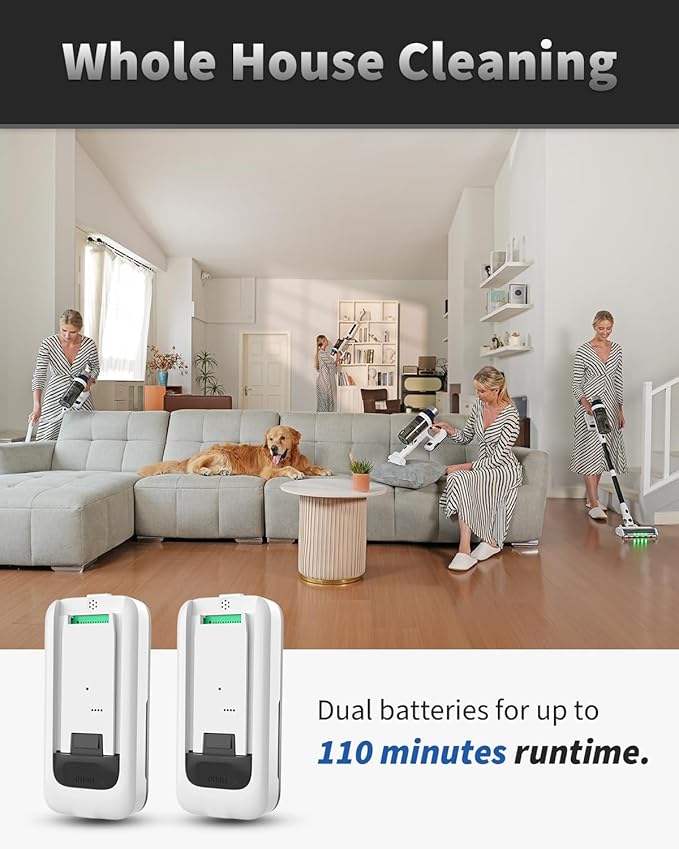 Cordless Vacuum Cleaner, 2 Batteries 110 Mins Runtime Vacuum Cleaners for Home, 550W 45KPA 15-in-1 Stick Vacuum with Charging Dock, Handheld Vacuum Cordless for Pet Hair Carpet Hardwood Floor