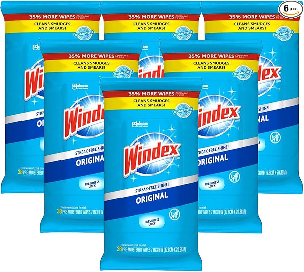 Windex Glass Cleaning Wipes, Pre-Moistened Glass and Surface Wipes to Clean Home Surfaces, Household Essentials, Original Scent, 38 Count (Pack of 6)