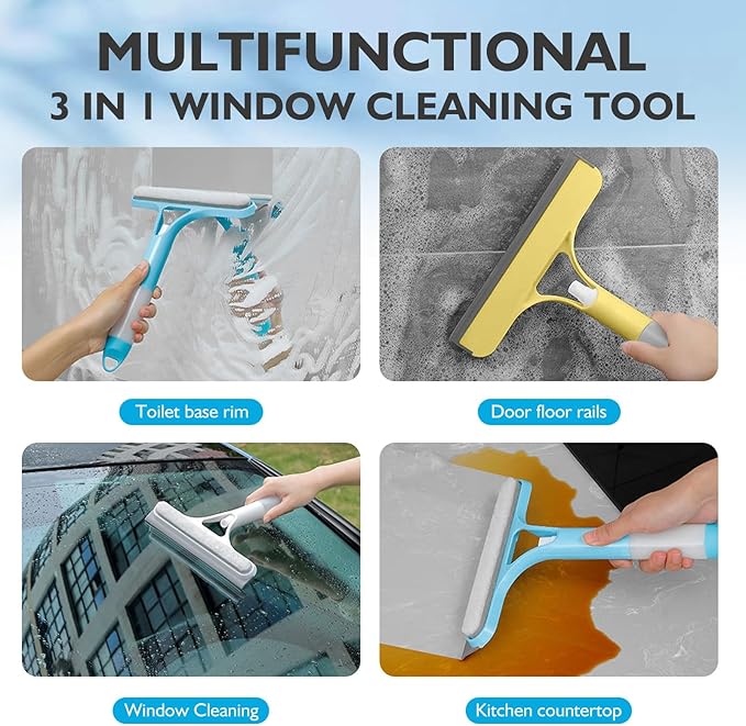 3 in 1 Spray Window Squeegee Cleaner Scraper, WindowSqueegee with Brush and Built-in Spray BottleAll-Purpose Shower Glass, Mirrors, Car, Home Window Cleaner Tool (White)