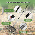 Rake Heavy Duty 6FT Long Garden Rake , 18.5 Inch Wide Leaf Rake for Lawns, 25 Metal Tines, Adjustable Stainless Steel Handle, Rakes for Leaves, Yards, Grass, Garbage, Weeds, Debris (Black)