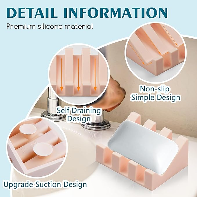 Silicone Soap Dish with Drain, Upgrade Double Suction Cups at The Bottom for Anti-Slip and Stability, Soap Dish Shower Waterfall Bar Soap Holder Tray with Drain Soap Holder (2, Pink)