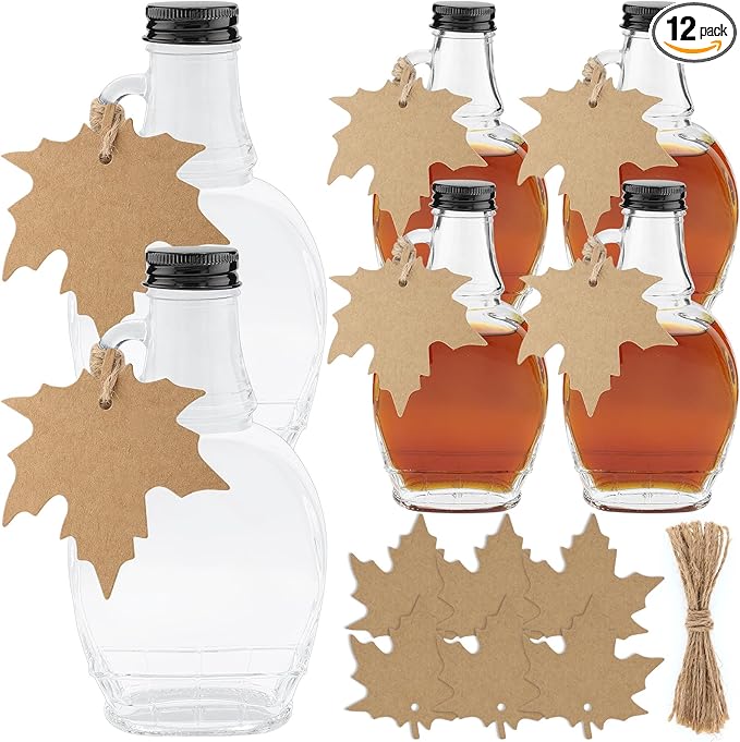 8 oz Maple Syrup Bottles with Loop Handle Black Aluminum Lids and Cotton Twines, Clear Glass Bottles with Round Tag, Maple Syrup Jars Container Sample Bottles for Gift Juice Milk Sauce Storage (12)