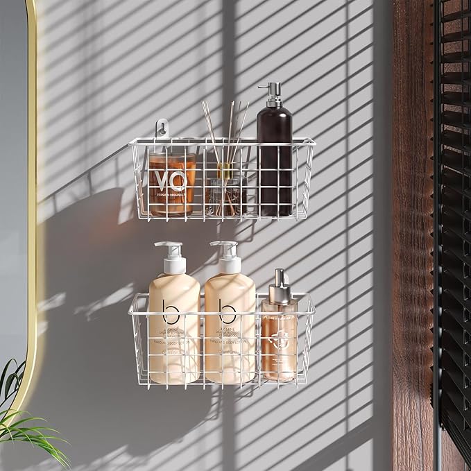 MaraFansie Hanging Wire Baskets Kitchen Storage Basket Adhesive and Screws Basket Over the Cabinet Door Organizer with Adhesive Strips and Screws Accessories, White, 4 Pack