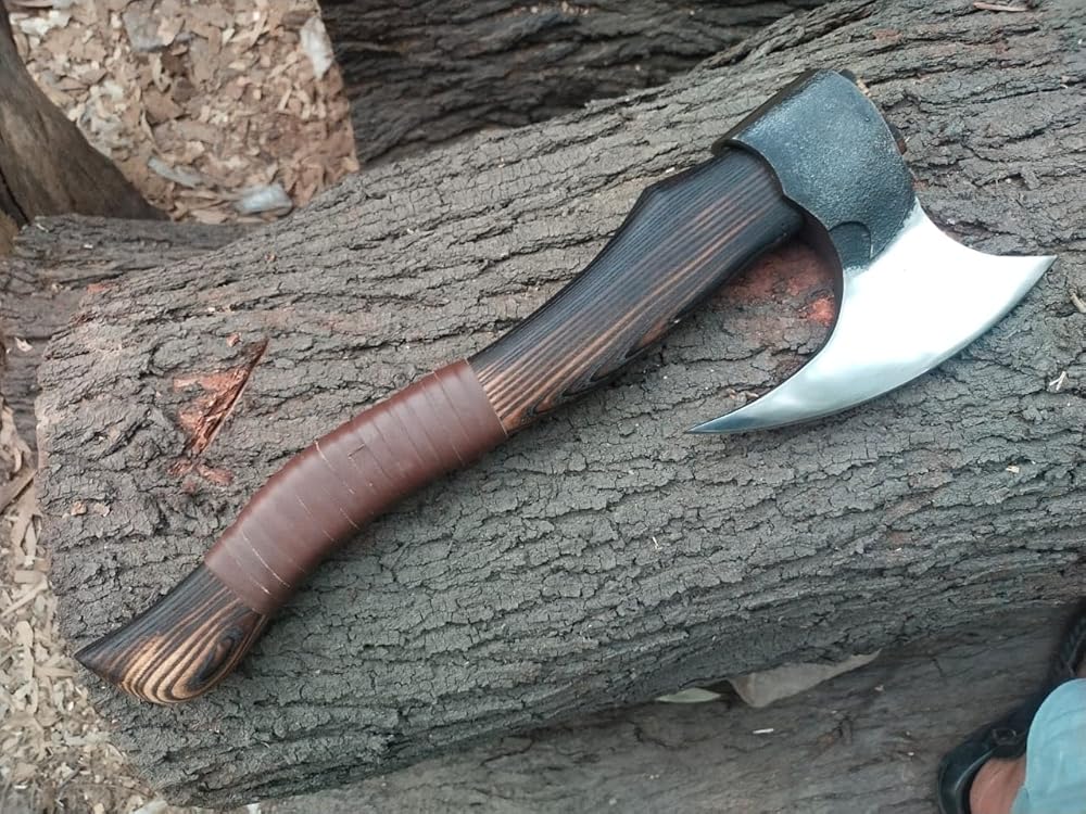 Kacha Store | custom handmade Viking medieval Axe with Viking gift,Hand Axe,Viking Gifts for Men,Camping Tomahawk,Bearded,Valhalla Axe with Leather Sheath (Battle axe) (Battle)