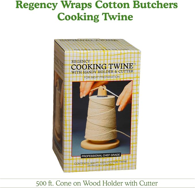Regency Wraps Butchers Cooking Twine on Holder with Cutter, Heavy Duty, 500ft, 16 Ply, 2.4mm Food-Safe Cotton Kitchen String for Turkey Trussing, Meat Prep, Crafting