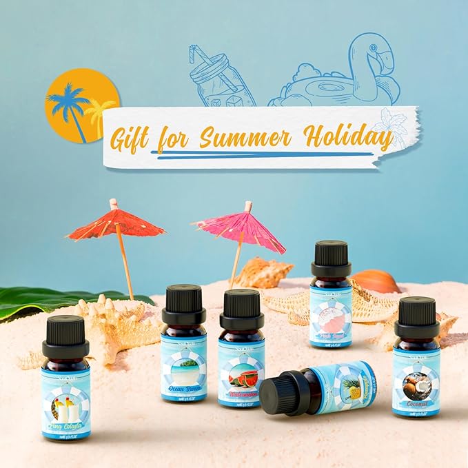 Summer Essential Oils Set, Fragrance Oil Gift Set for Oil Diffusers, Scented Oils for Soap Candle Making 6x10ml - Sea Breeze, Pineapple, Watermelon, Coconut, Pink Beach, and Pina Colada