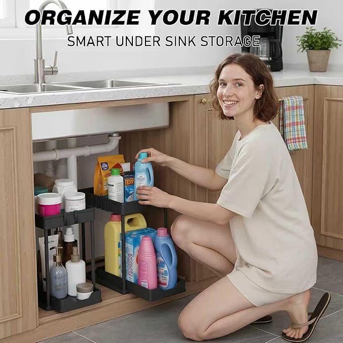 Under Sink Organizer 2 Pack,Bathroom Under Cabinet Storage with Pull Out Sliding Drawers for Kitchen Organization,12.8 Inch,Black