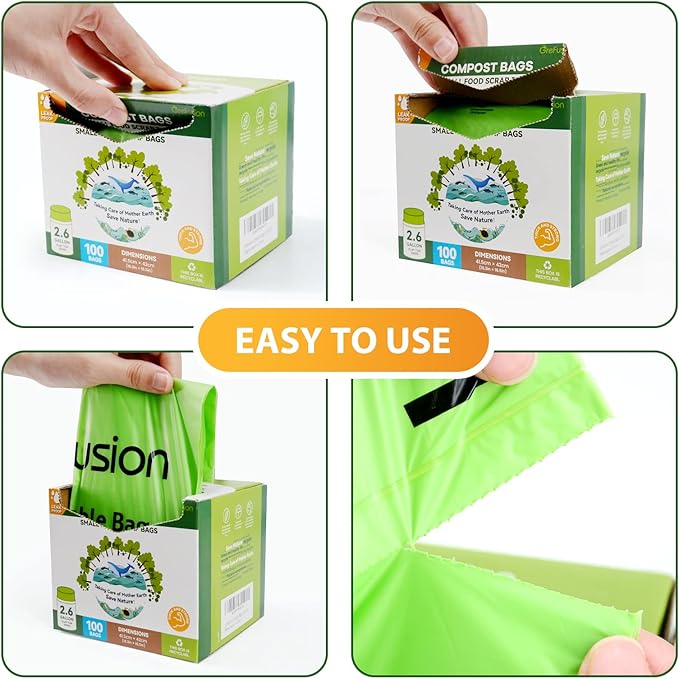 2.6 Gallon Compostable Trash Bags, 100 Count, Extra Thick 0.71 Mil, Certified by BPI and ASTM D6400, Perfect Fit for Small Trash Cans