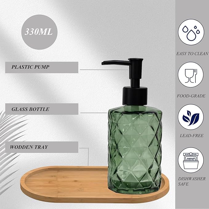 Glass Hand and Dish Soap Dispenser Set of 2 with Plastic Pumps, Bamboo Tray, 12oz Green Bathroom Soap Dispenser with Diamond for Hand Wash & Dish Wash, Ideal for Bathroom Kitchen Countertop