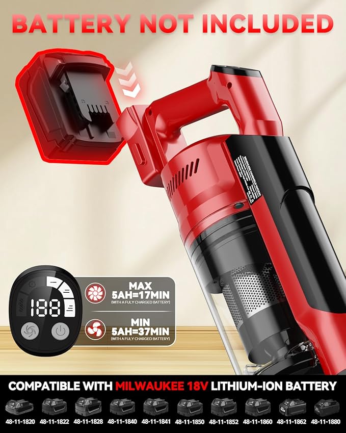350W Cordless Vacuum Cleaner for Milwaukee M18 Battery, 35kPa Brushless Lightweight Stick Vacuum with 3 Mode Suction, 6 in 1 Stick Vacuum Cleaner with HEPA for Floor, Carpet, Car, Battery Not Included