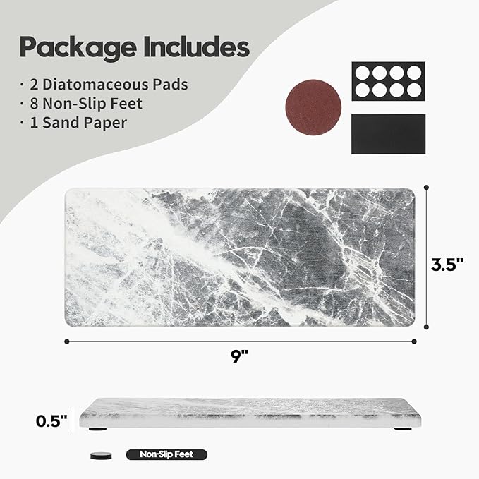 2PCS Bathroom Sink Vanity Trays, Water Absorbing Diatomite Stone Quick Drying Mat for Kitchen Counter, Dish Rack Dispenser Sponge Holder Caddy Organizer, Marble Crack, 9"x3.5"