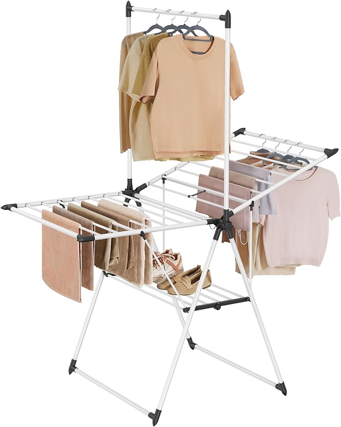 SONGMICS Clothes Drying Rack, Foldable 2-Level Laundry Drying Rack, Free-Standing Airer, 1 Additional Tall Hanging Bar, 2 Height-Adjustable Wings, 24 Drying Rails, Space Savng, Simply White ULLR521W01