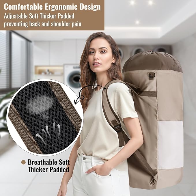 Laundry Bag Backpack, 125L Extra Large Travel with Shoulder Straps, Adjustable & Extendable Design, Laundry Hamper Bag with 3 Pockets for Laundromat, College, Travel, Camping (Brown)