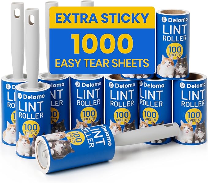 DELOMO Lint Roller 1,000 Sheets (5 Rollers + 5 Refills) - Lint Rollers for Pet Hair Extra Sticky, Mega Value Pet Hair Removal Tool for Clothes/Couch/Furniture/Car - Ideal for Pet Owners