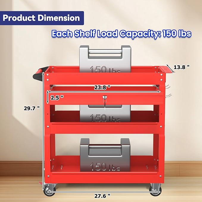 3 Tier Rolling Tool Cart with Drawer, 450 LBS Heavy Duty Utility Cart on Wheels, Service Cart for Garage, Workshop and Warehouse (Red)