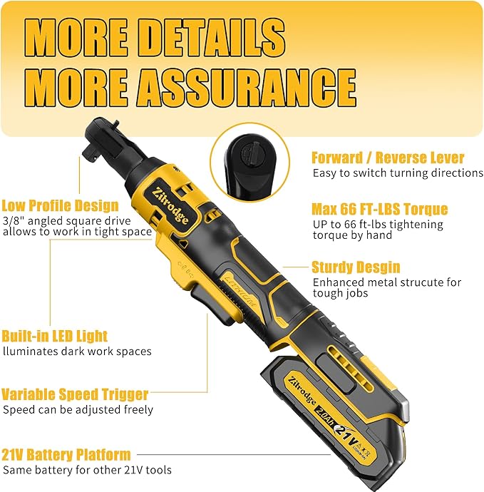 3/8" Cordless Electric Ratchet Wrench Set With Multi Drill Bits, 66FT-LBS 250 PRM Power Ratchet Wrench, 21V Ratchet Tool Kit, Variable Speed, 7 Sockets, LED Light, 1/4" and 1/2" Adapter, 2 Batteries