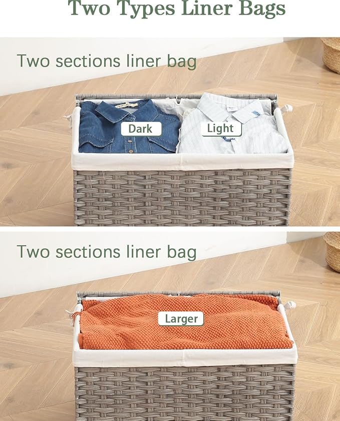 Storage Basket with Lid Rattan Storage Basket with 2 Separate Lid, 27.8 Gallon (105 L) 25.2 * 15.4 * 16.1 Inches Woven Wicker Baskets with 2 Liners and Handles for Bedroom Laundry-Gray