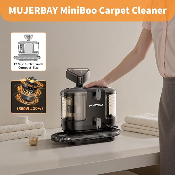 Miniboo Carpet Cleaner, Compact & Powerful Upholstery Cleaner Machine,Portable Spot with 360°Wheels, 1.3-inch Deep Stain Small Rug Cleaner for Car, Stairs, Couches