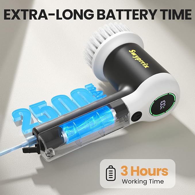 Electric Spin Scrubber, Cordless Shower Scrubber with Battery LCD Display for Kitchen, Bathroom and Window Cleaning Brush with 6 Replaceable Brush Heads, Full Body Waterproof IPX7-SD-CTB02