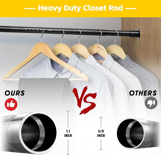 Closet Rod, 17 to 41 Inch Adjustable Closet Rods for Hanging Clothes Heavy Duty Closet Hanging Rod Metal Black Closet Poles for Wardrobes