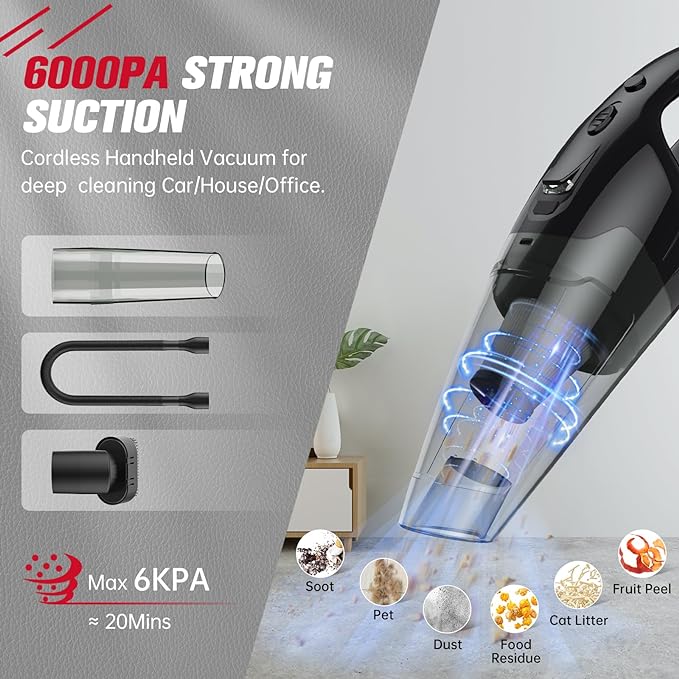 Handheld Vacuum Cordless Rechargeable, Car Vacuum Cleaner with LED, USB Charge, 1.65LBs Hand Vacuum Cordless, for Car/Home/Pet