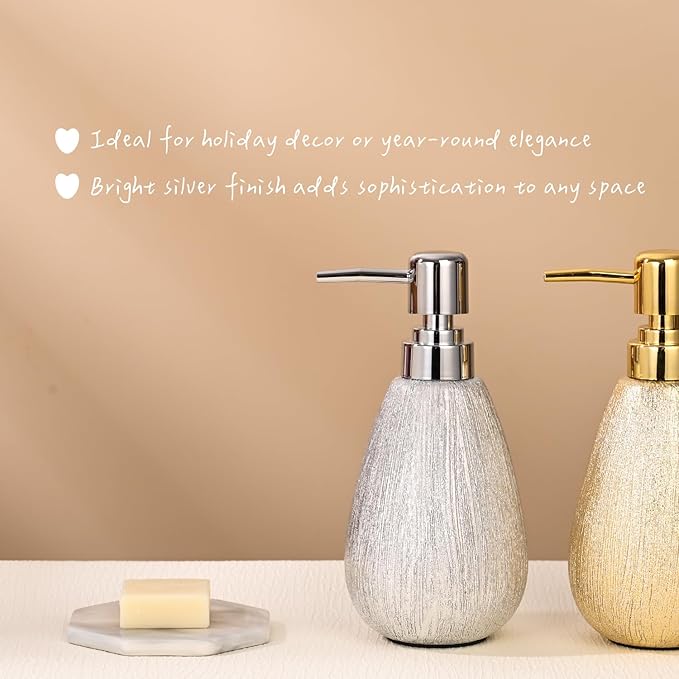 Brushed Silver Ceramic Soap Dispenser, 11 oz Textured Hand or Dish Soap Dispenser with Silver Plastic Pump for Bathroom or Kitchen Countertop