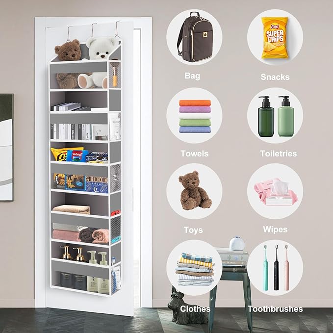 Over the Door Organizer Closet,5 Bins 10 Side Pockets,Hanging Organizer,Anti Tilt 44 lbs Load Organizers and Storage with Clear Window for Bedroom,Nursery,Rv,Bathroom,Camper(Light Grey)