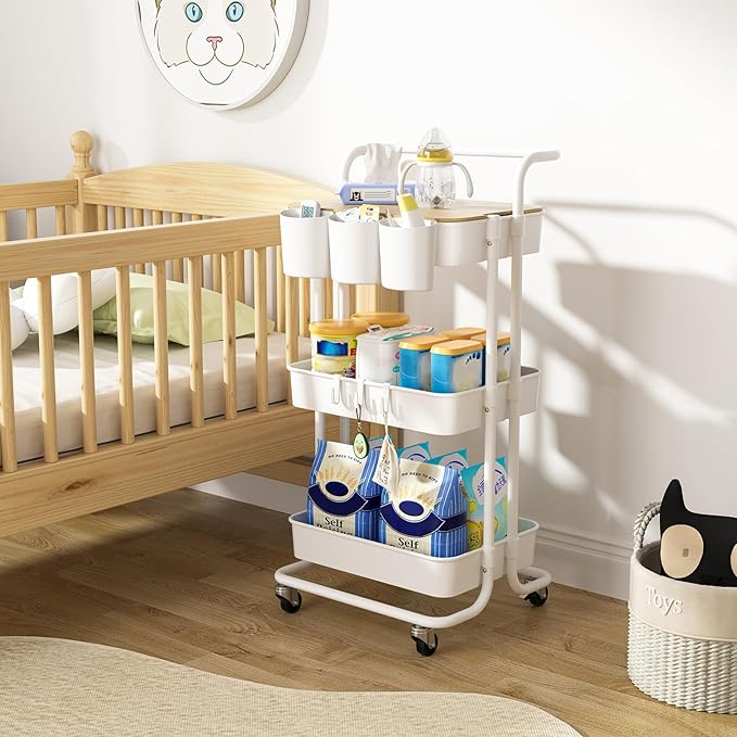3 Tier Rolling Cart with Metal Handle, Table Top, Hanging Cups, Hooks, Plastic Storage Baskets& Wheels Lockable, Utility Cart for Bathroom Classroom Office Kitchen Pantry Organizers and Storage, White