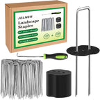Garden Stakes,6 Inch 11 Gauge 100pcs Galvanized Landscape Staples + 100pcs Gaskets + 1Pick Hook, Tent Stakes Landscaping Fabric SOD Pins for Weed Fabric Barrier,Groud Cover,Fence