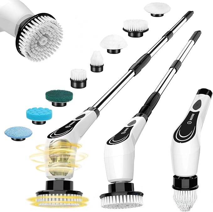 Electric Spin Scrubber, Cordless Cleaning Brush, Shower Scrubber with 8 Brush Heads, Power Scrubber Dual Speeds with Adjustable Extension Handle, IPX7 Waterproof for Bathtub Floor Tile Car-B