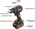 WORX Cordless Drill Driver, 20V 930 in·lbs Brushless Power Drill Driver, Powerful and Faster Drilling and Driving, Compact 6.3" length, 20V 4.0 Ah Battery and Charger Included, PowerShare