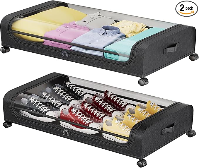 Under Bed Storage Containers, Under Bed Shoe Storage With Wheels, Bedroom Storage Organization with Handles, Under Bed Storage Bins Drawer For Clothes, Blankets And Shoes, Bedding