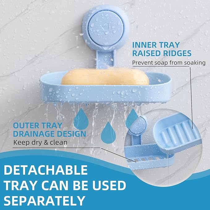 LEVERLOC Soap Dish Holder for Shower Suction Cup Wall Mounted Self Draining NO-Drilling Removable Bar Soap Sponge Holder for Bathroom Bathtub Kitchen Sink Waterproof Strong Vacuum Suction, Blue