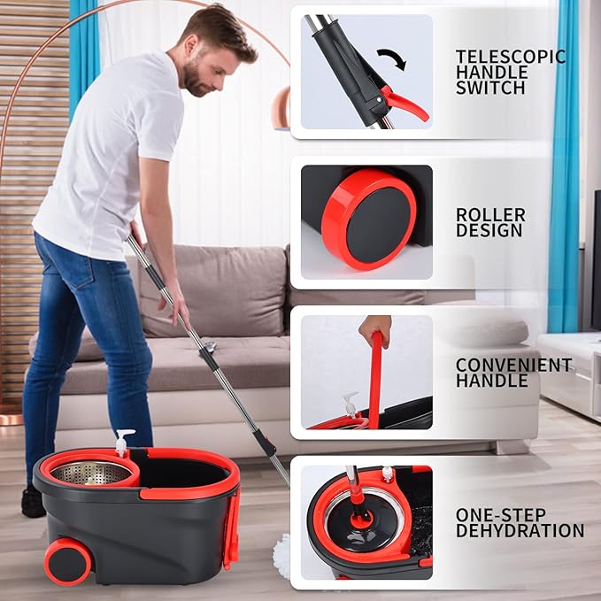 Mop and Bucket Set, 360° Spin Mop and Bucket with Wringer Set and 3 Microfiber Mop Refills, Stainless Steel 61'' Extended Handle Spinning Mop Bucket System for Floor Cleaning