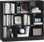 YAHARBO Black Wide Bookshelf,3 Tier Modern Horizontal Bookcase,Wood Low Bookshelves Display Storage Cabinet with Base,Floor Standing 10 Cube Large Bookcases Organizer for Bedroom,Living Room,Office