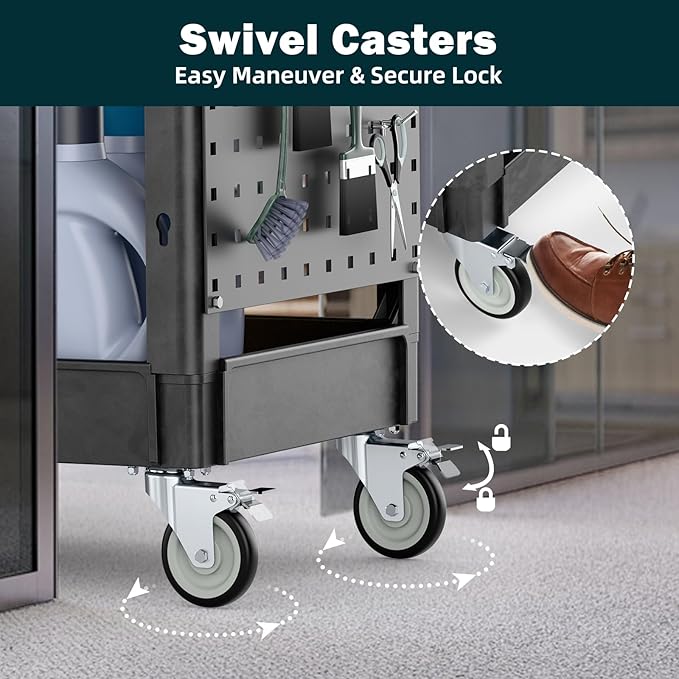 Heavy Duty Utility Service Tool Cart, 39 x 17 in, 2 Shelf Flat Top Rolling Cart with Hanging Board, 550LBS, Swivel Wheels, Ergonomic Handle for Garage, Warehouse, Office, Workshop, Auto Repair