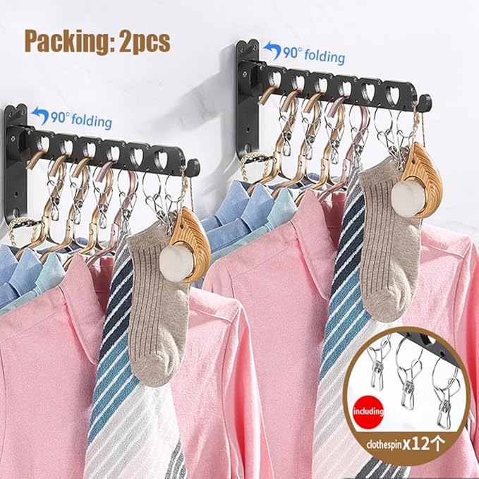 Wall Mounted Clothes Drying Rack,Foldable Laundry Coat Organizer,Retractable Folding Indoor&Outdoor Wall Mount Hanger for Laundry Room Bedroom,Perfect for Small Spaces (Space Gray, 2 Pieces)