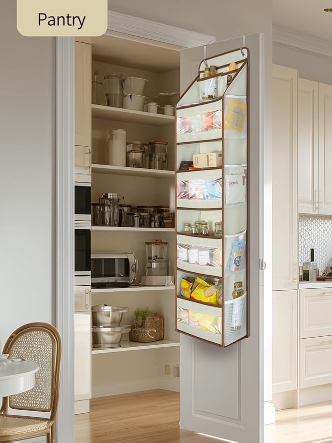Yecaye 5 Tier 1Pc Over the Door Organizer, Swing-proof Door Organizer Hanging with Clear PVC Windows, Behind the Door Storage for Bedroom Nursery Closet Laundry Pantry Bathroom, Beige