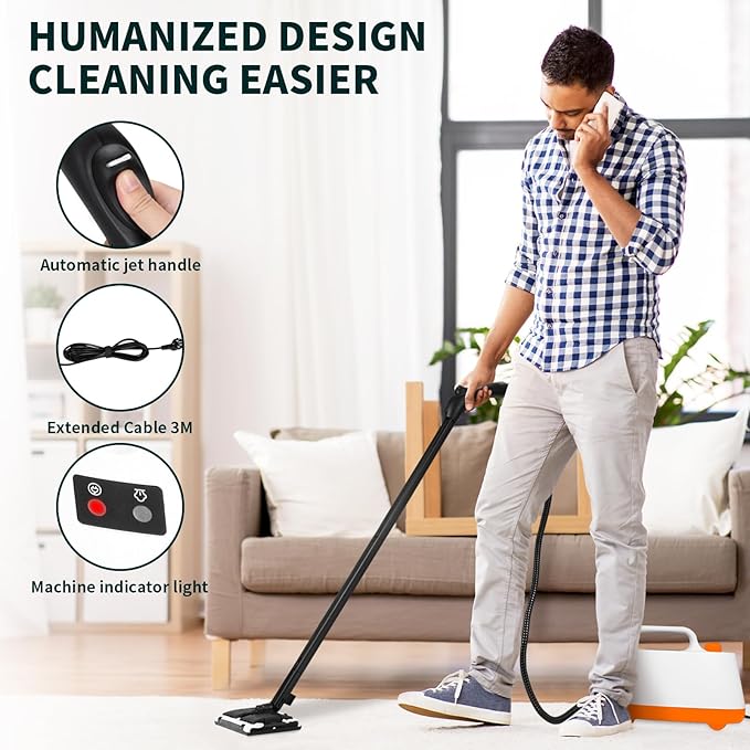 Steam Cleaner,Multipurpose Neat Canister Steamer with 21 Accessories, 5 Mins Heating with 1.5L Tank,Rolling Cleaning Machine for Carpet, Floors,Windows,Mirrors,Glass and Cars (White orange)