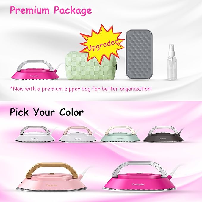 Newbealer Travel Iron with Global Voltage, 100-240V Mini Dry Iron for Clothes (No Steam), Max 300W, 60s Heat Up, 302℉ Non-Stick Ceramic Soleplate, 0.8lbs Ultra-Lightweight (Hotpink)