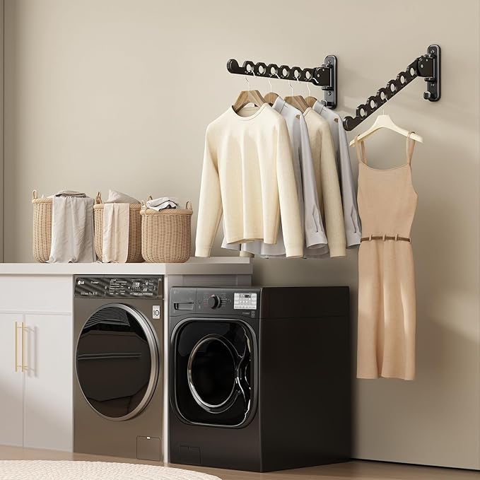 Danpoo Clothes Drying Rack Foldable Wall Mounted Laundry Drying Rack Clothing Coat Hanger Clothes Dryer Black